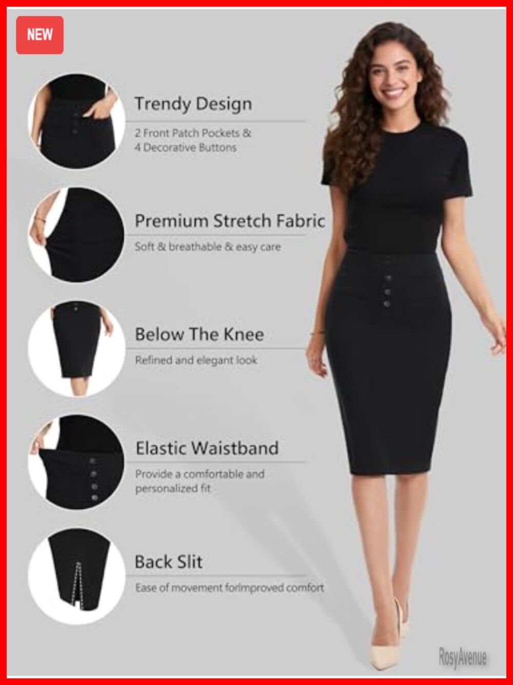 Stretch High Waist Pencil Skirt Below Knee Bodycon with Pockets - Picture 2 of 6